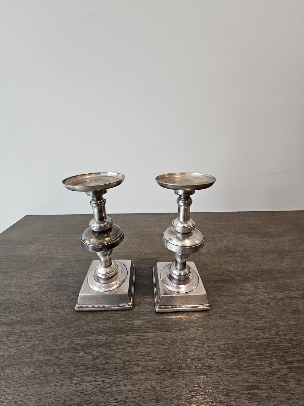 Vintage Pottery Barn Silver-Tone Metal Pillar Candle Holders - Pair